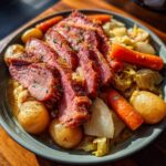 A plate of sliced corned beef and cabbage with carrots and potatoes, ready to eat.