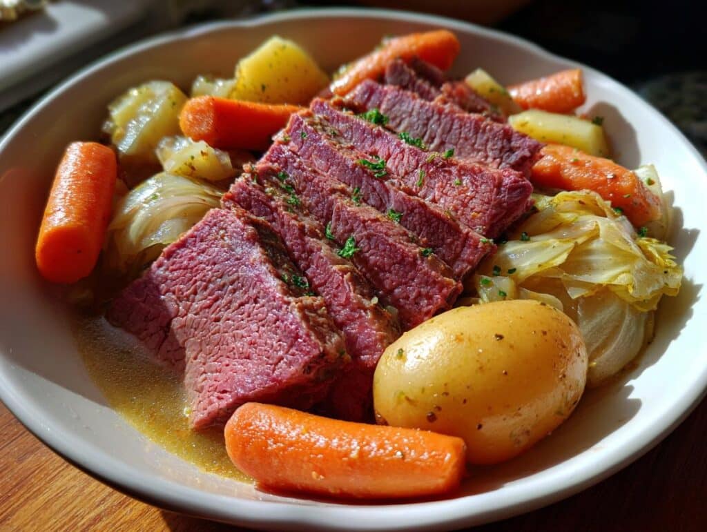 A delicious plate of corned beef and cabbage with carrots and potatoes, ready to eat.