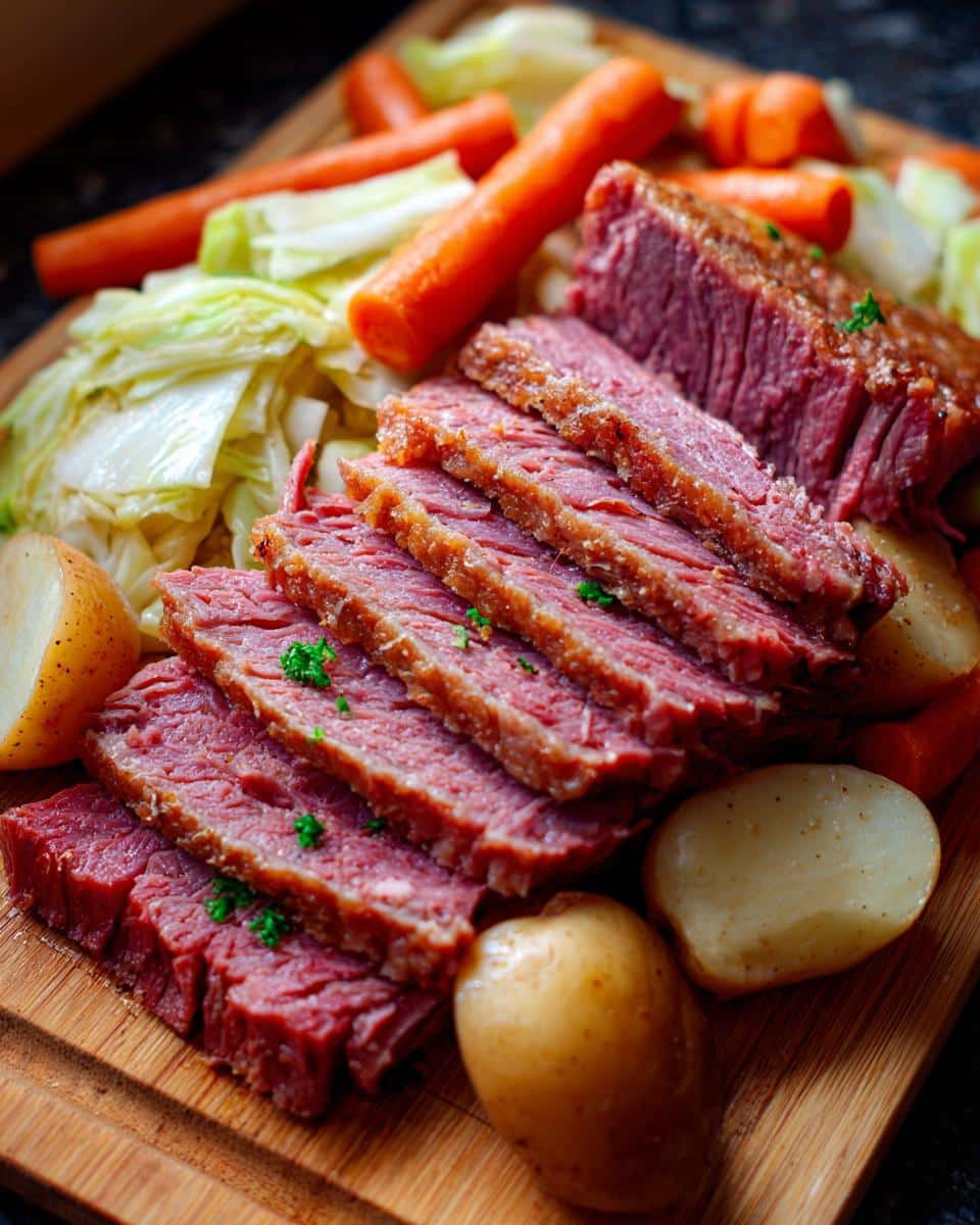Close-up of sliced corned beef and cabbage, with carrots and potatoes on a wooden board.
