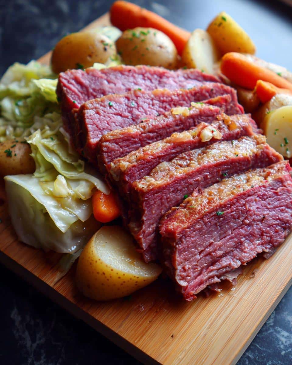 Slices of corned beef and cabbage served with carrots and potatoes on a wooden board.