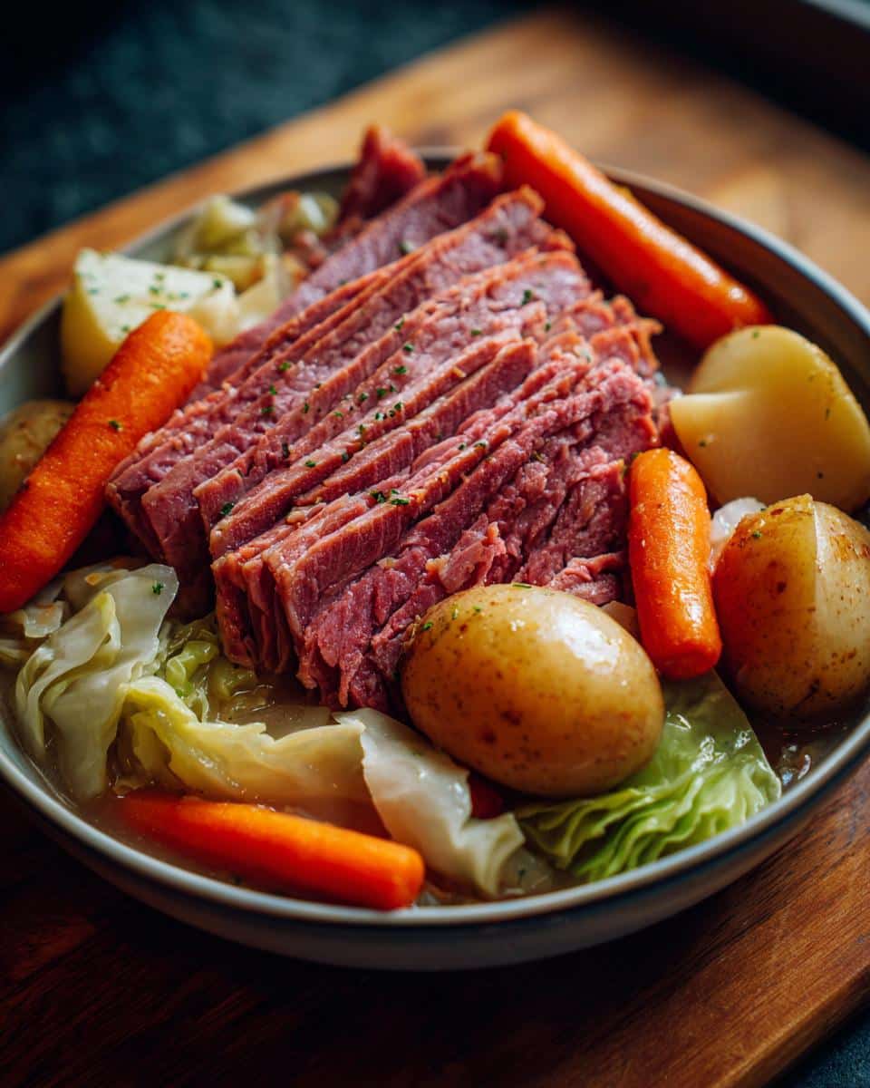 A serving of corned beef and cabbage, featuring sliced corned beef, cabbage, carrots, and potatoes.