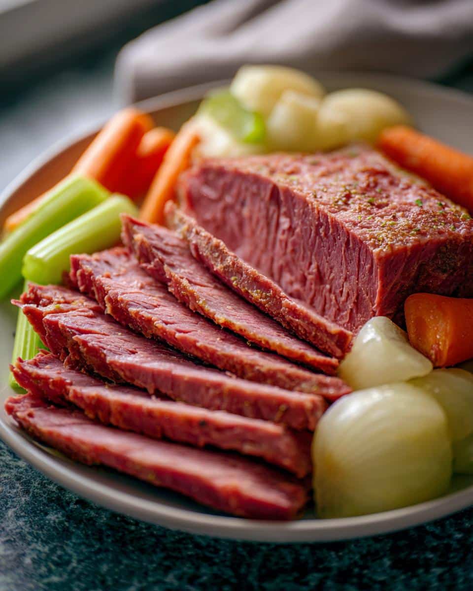 Platter of sliced corned beef recipes slow cooker style with carrots, celery, onions, and potatoes.
