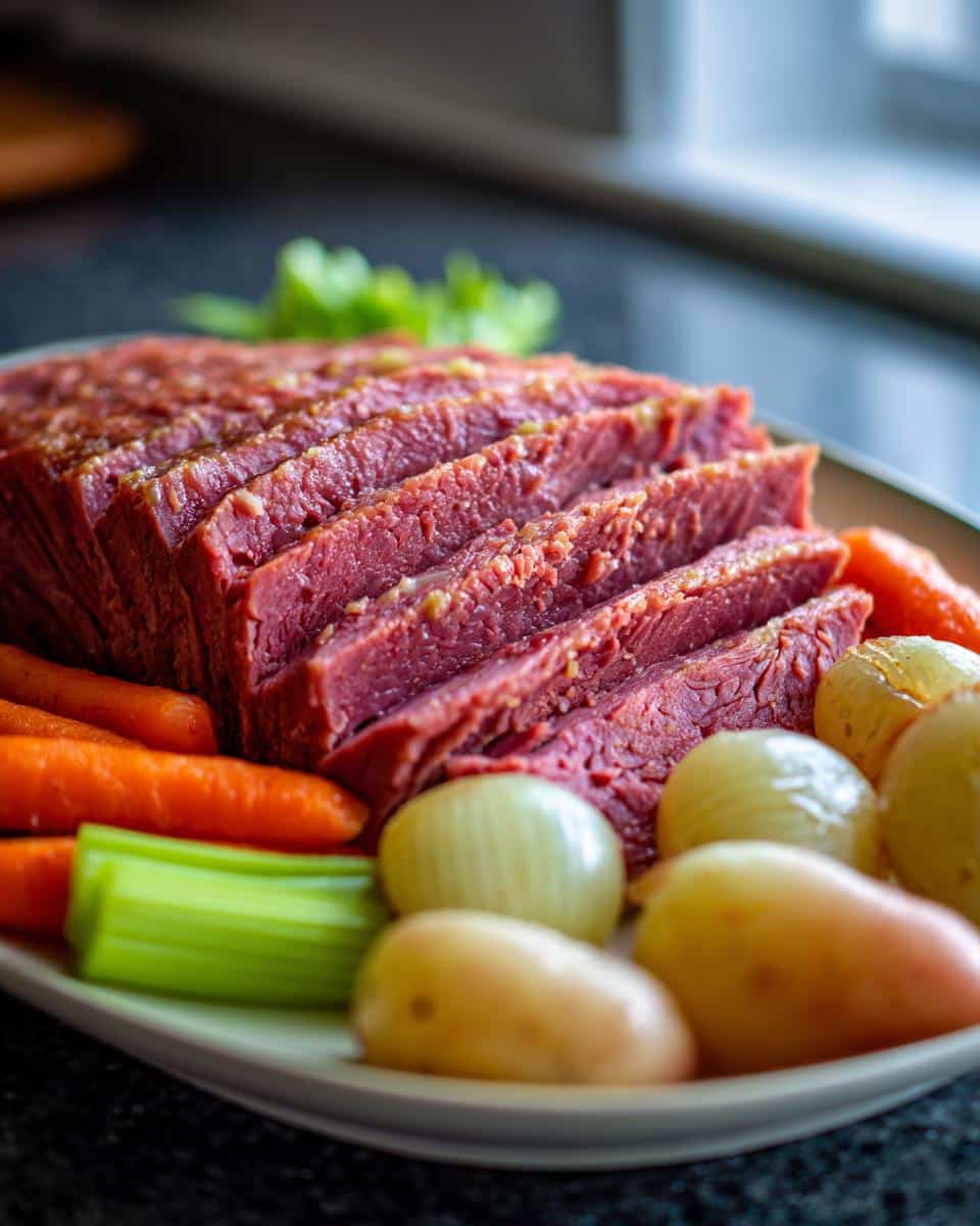 Sliced corned beef with carrots, potatoes, celery, and onions, prepared using corned beef recipes slow cooker method.
