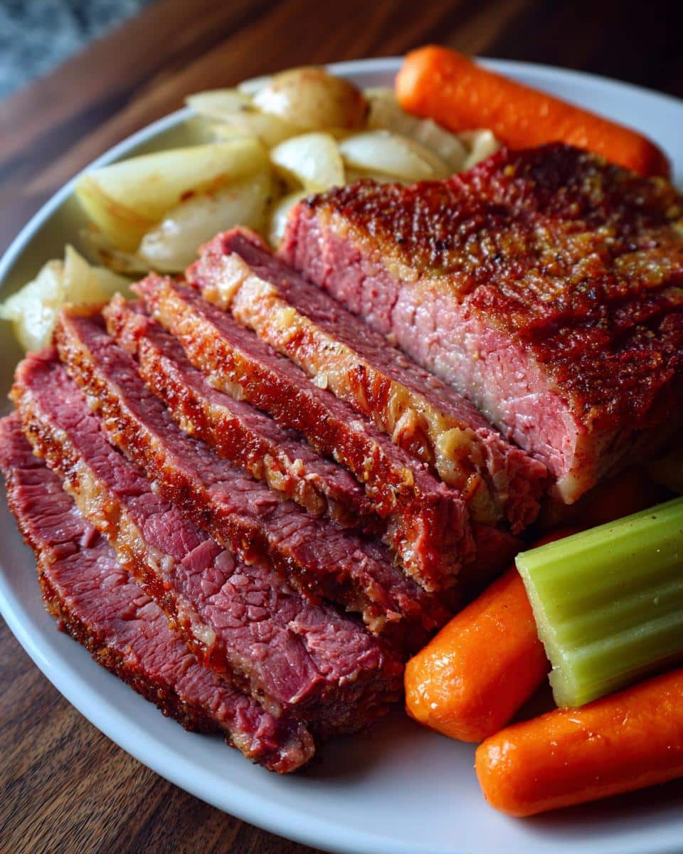 Sliced corned beef recipes slow cooker style, served with carrots, celery, and onions on a white plate.
