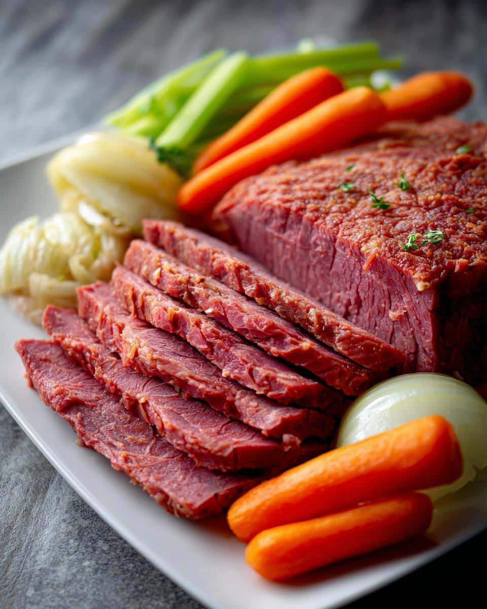 Platter of sliced corned beef recipes slow cooker, served with carrots, celery, and cabbage.