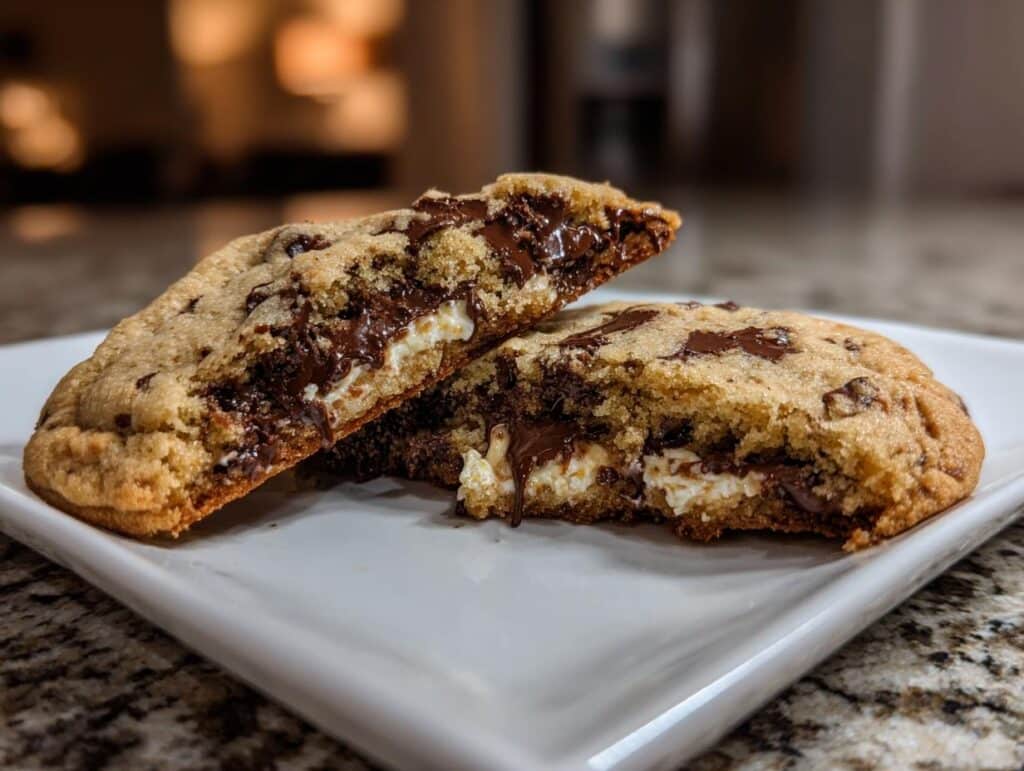 A halved cottage cheese chocolate chip cookie on a white plate, showcasing the melted chocolate and creamy filling.