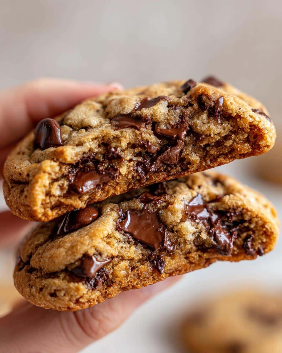 Two halves of a cottage cheese chocolate chip cookie are stacked, showing melted chocolate chips.