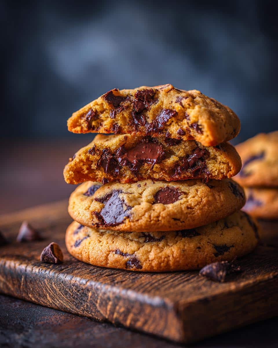A stack of cottage cheese chocolate chip cookies on a wooden board, one broken in half to show the melted chocolate.
