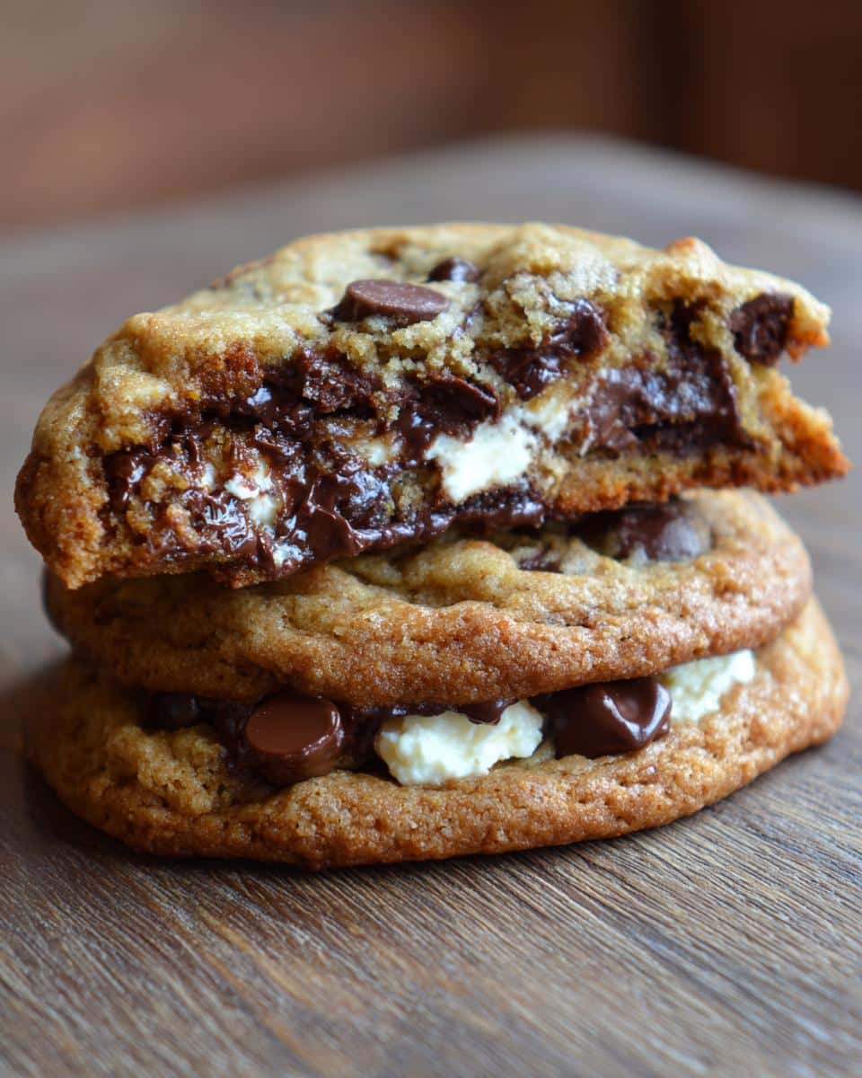 Stack of two cottage cheese chocolate chip cookies, top cookie broken in half to show the filling.