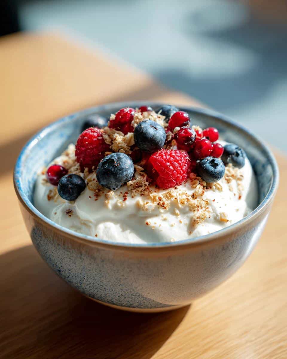 Bowl of cottage cheese topped with fresh blueberries, raspberries, red currants, and granola. A delicious cottage cheese recipe.