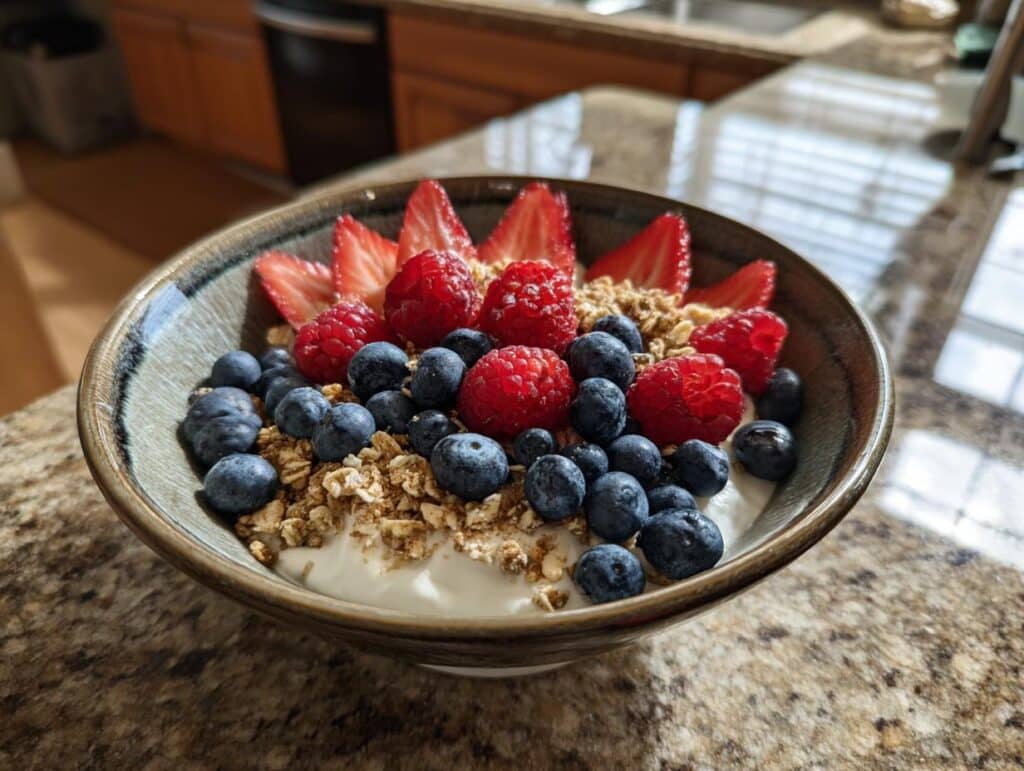 Bowl of cottage cheese with granola, blueberries, raspberries, and strawberries. One of many delicious cottage cheese recipes.