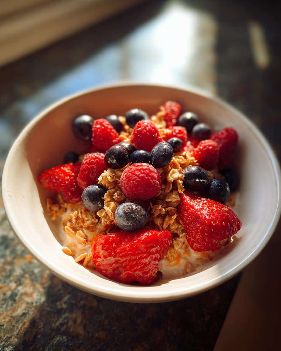 Bowl of cottage cheese topped with fresh strawberries, raspberries, blueberries, and granola. Delicious cottage cheese recipes.