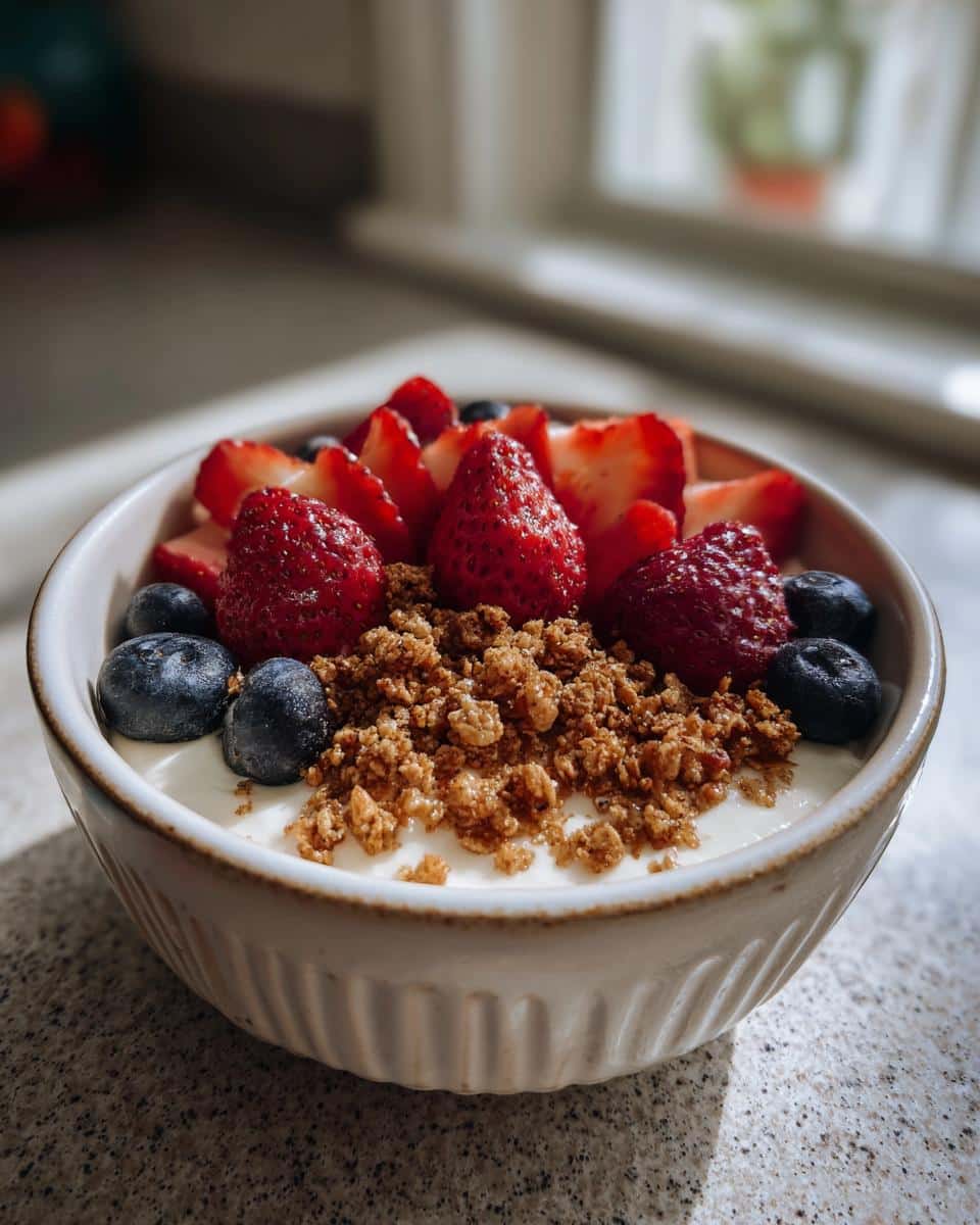 A bowl of cottage cheese with fresh strawberries, blueberries, and granola topping. One of many delicious cottage cheese recipes.