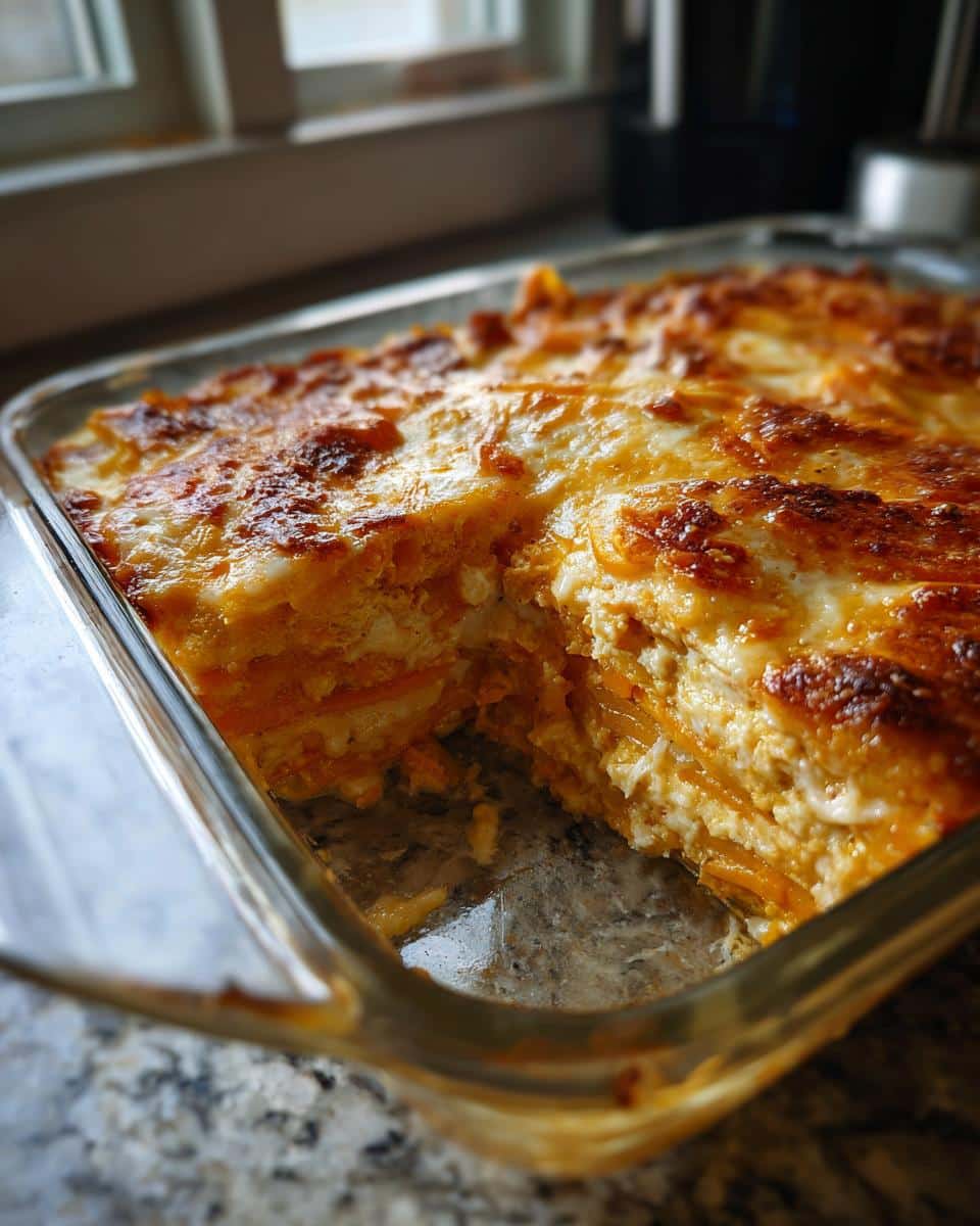 A close-up of creamy cheesy scalloped sweet potatoes in a glass baking dish with a portion cut out.