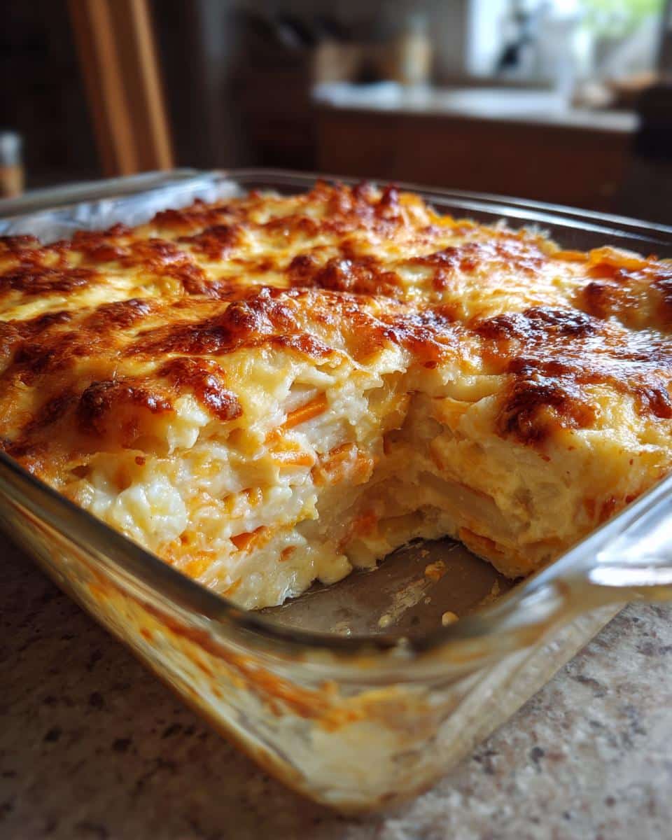 Close-up of creamy cheesy scalloped sweet potatoes in a glass baking dish, showing layers and a golden-brown cheesy top.