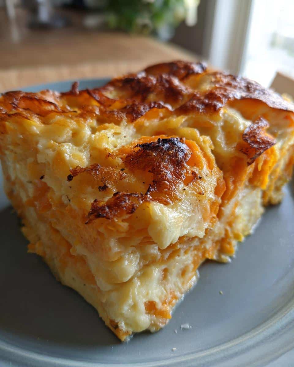 A slice of creamy cheesy scalloped sweet potatoes on a blue plate, showcasing the layers of sweet potatoes and cheese.