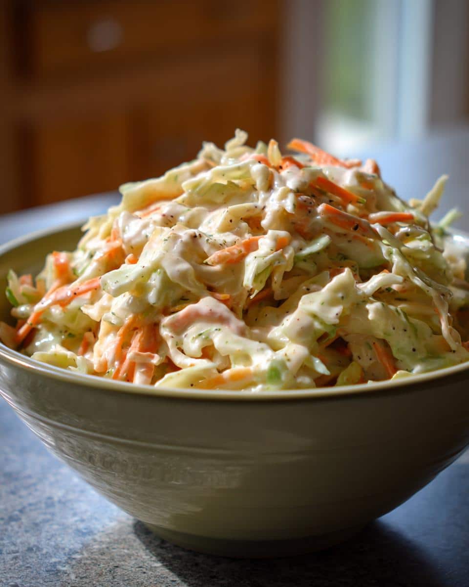 A bowl of fresh coleslaw featuring cabbage, carrots, and a creamy homemade coleslaw dressing.