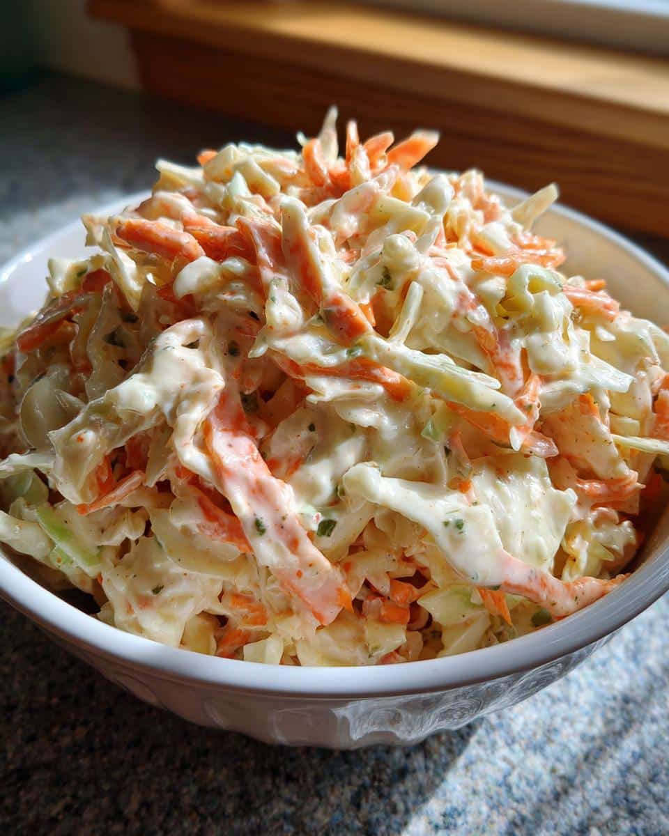A bowl of coleslaw with creamy coleslaw dressing, featuring shredded cabbage and carrots.