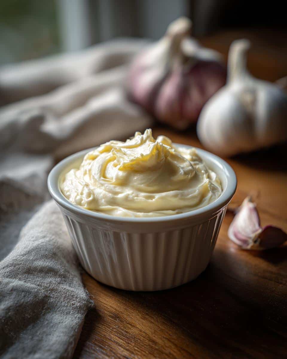 A bowl of creamy homemade Garlic Aioli with garlic bulbs in the background on a wooden surface.