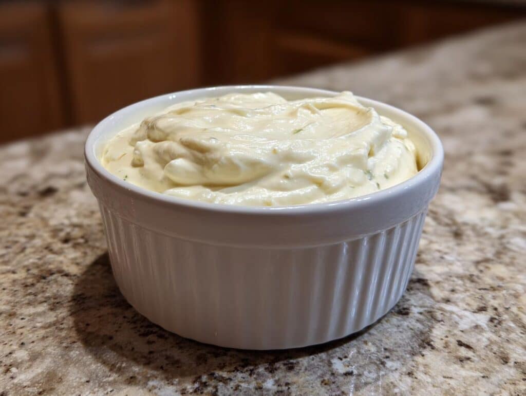 A bowl of creamy homemade Garlic Aioli, ready to be served as a delicious dipping sauce or condiment.