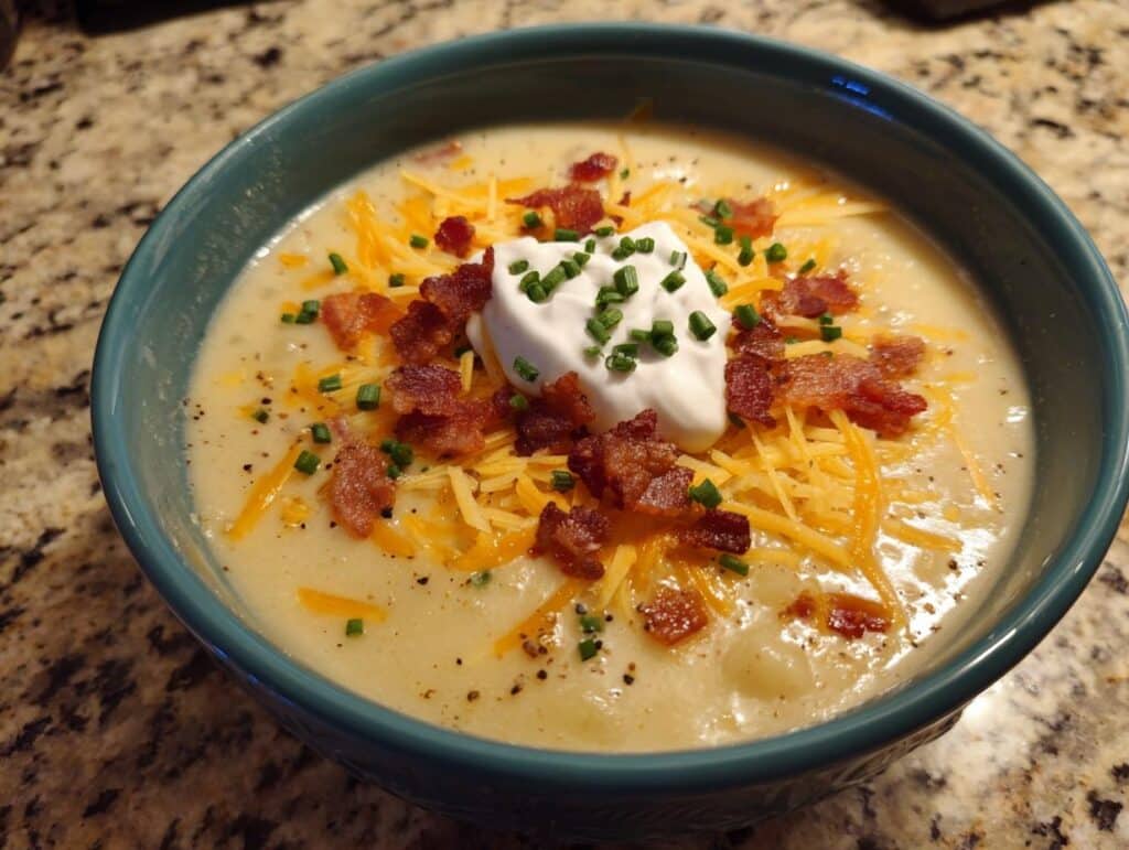 Bowl of creamy potato soup topped with bacon, cheddar cheese, sour cream, and chives.