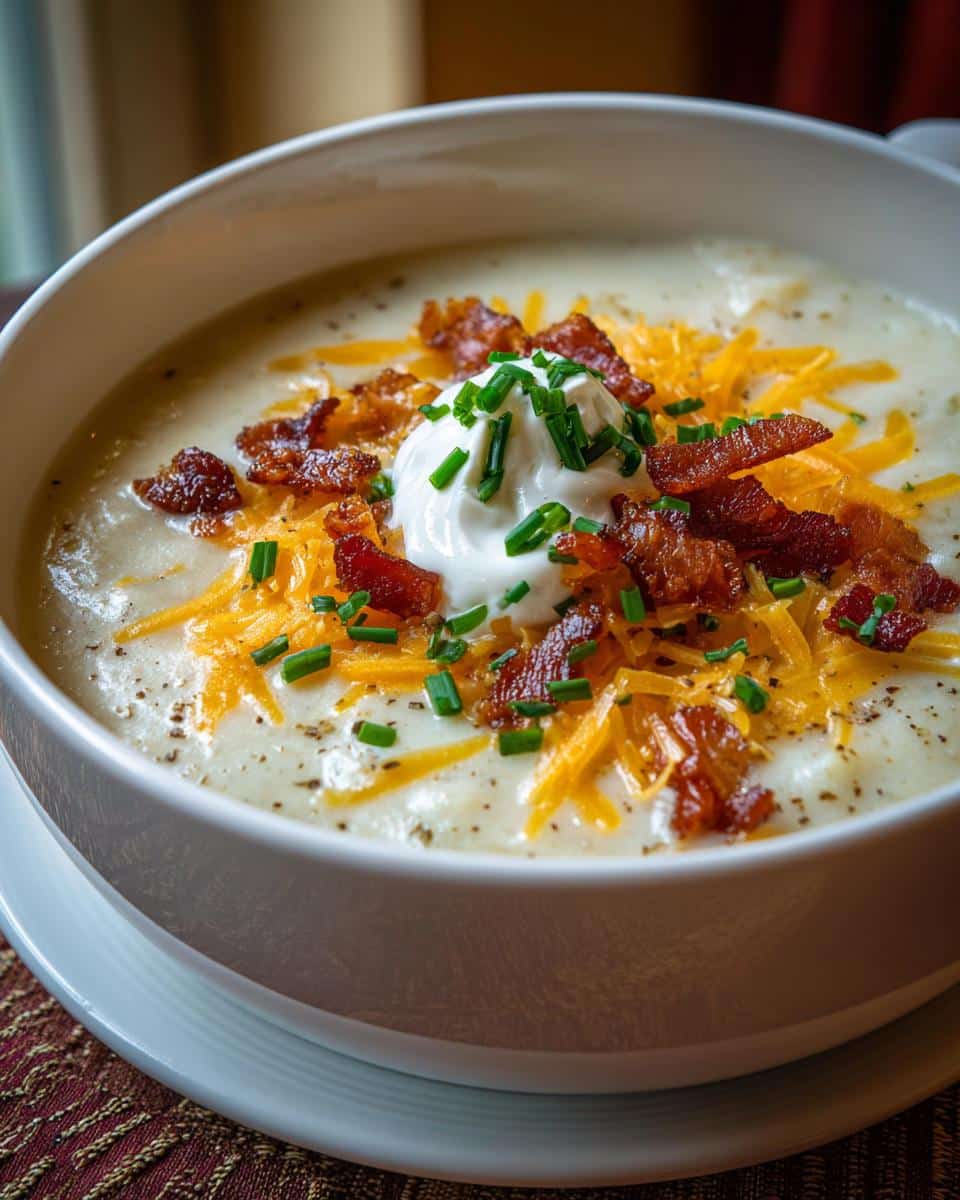 Bowl of creamy potato soup topped with bacon, cheddar cheese, sour cream, and chives.