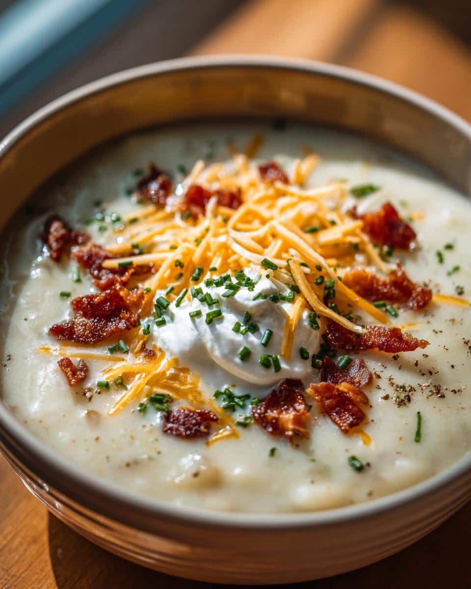 Bowl of creamy potato soup topped with bacon, shredded cheese, sour cream, and chives.