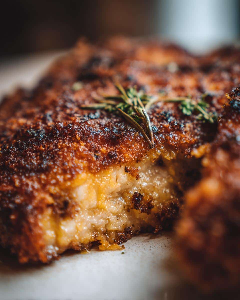 Close-up of a crispy baked chicken breast recipes, garnished with rosemary, showing juicy interior.