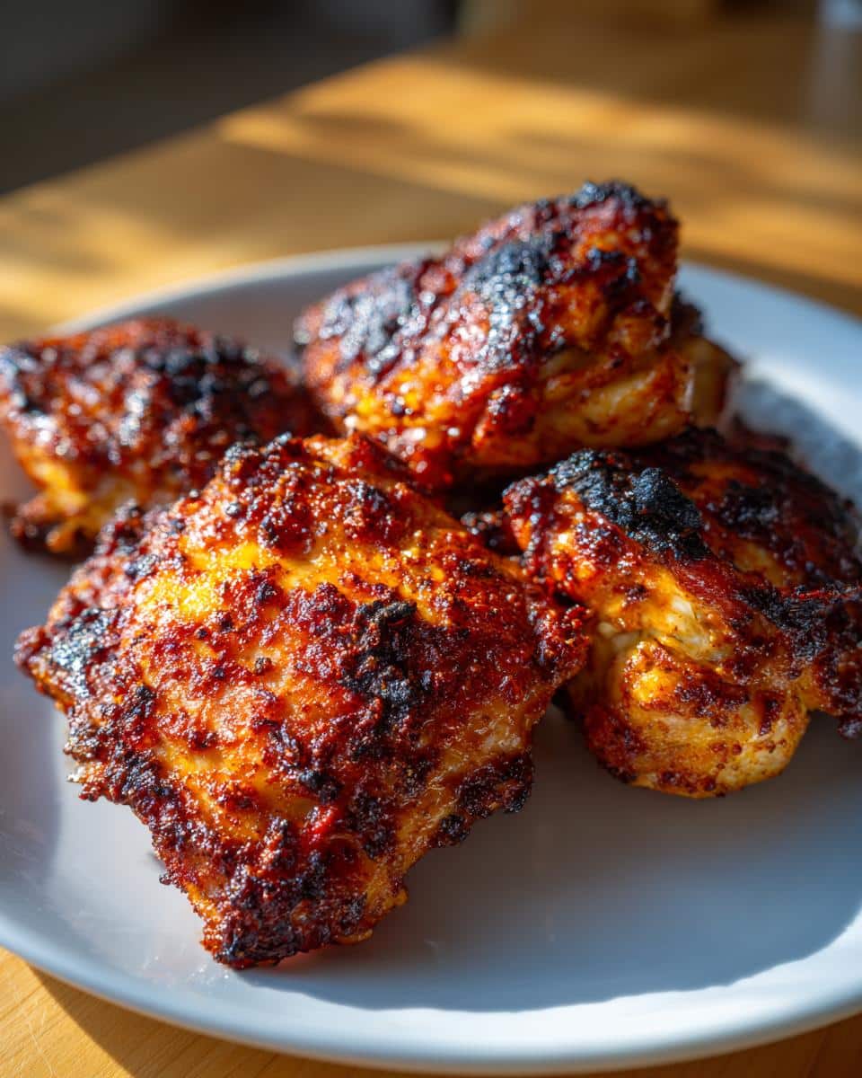 A plate of perfectly cooked chicken thigh recipes with crispy skin and a rich, flavorful glaze.