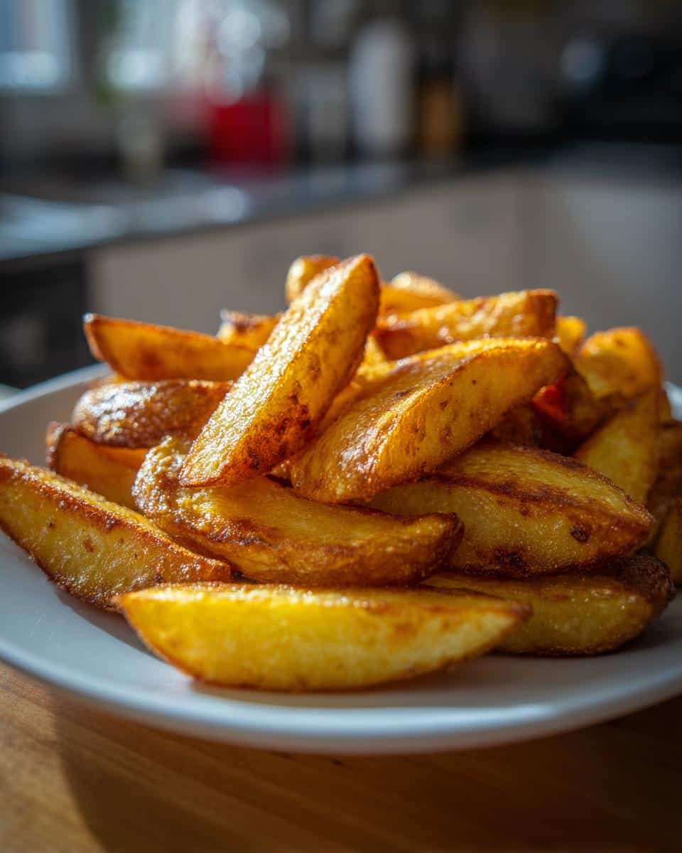 A plate of crispy oven roasted potatoes corn starch, golden brown and ready to eat.