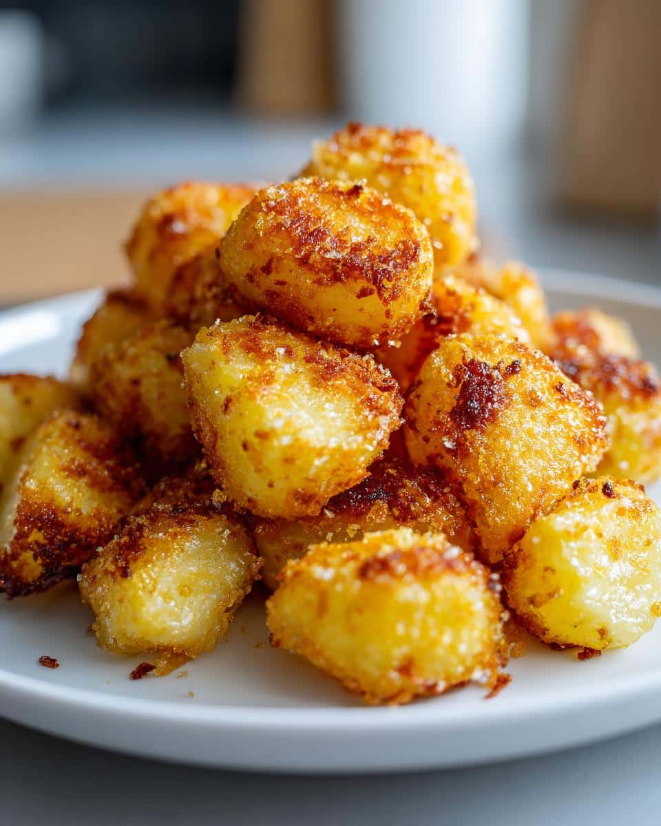 Pile of crispy oven roasted potatoes corn starch, golden brown and ready to eat.