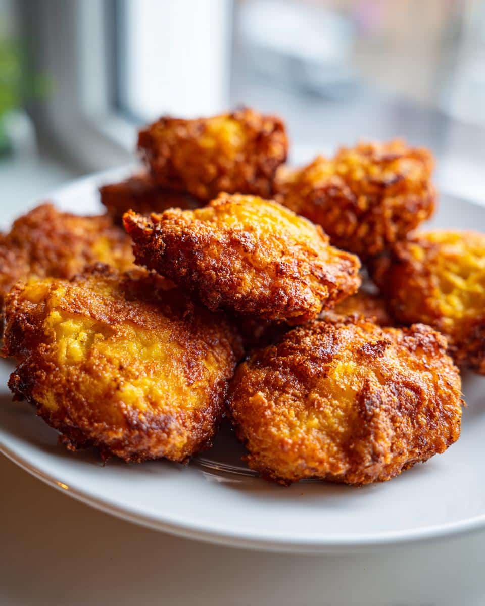 Pile of crispy oven roasted potatoes corn starch on a white plate, golden brown and delicious.