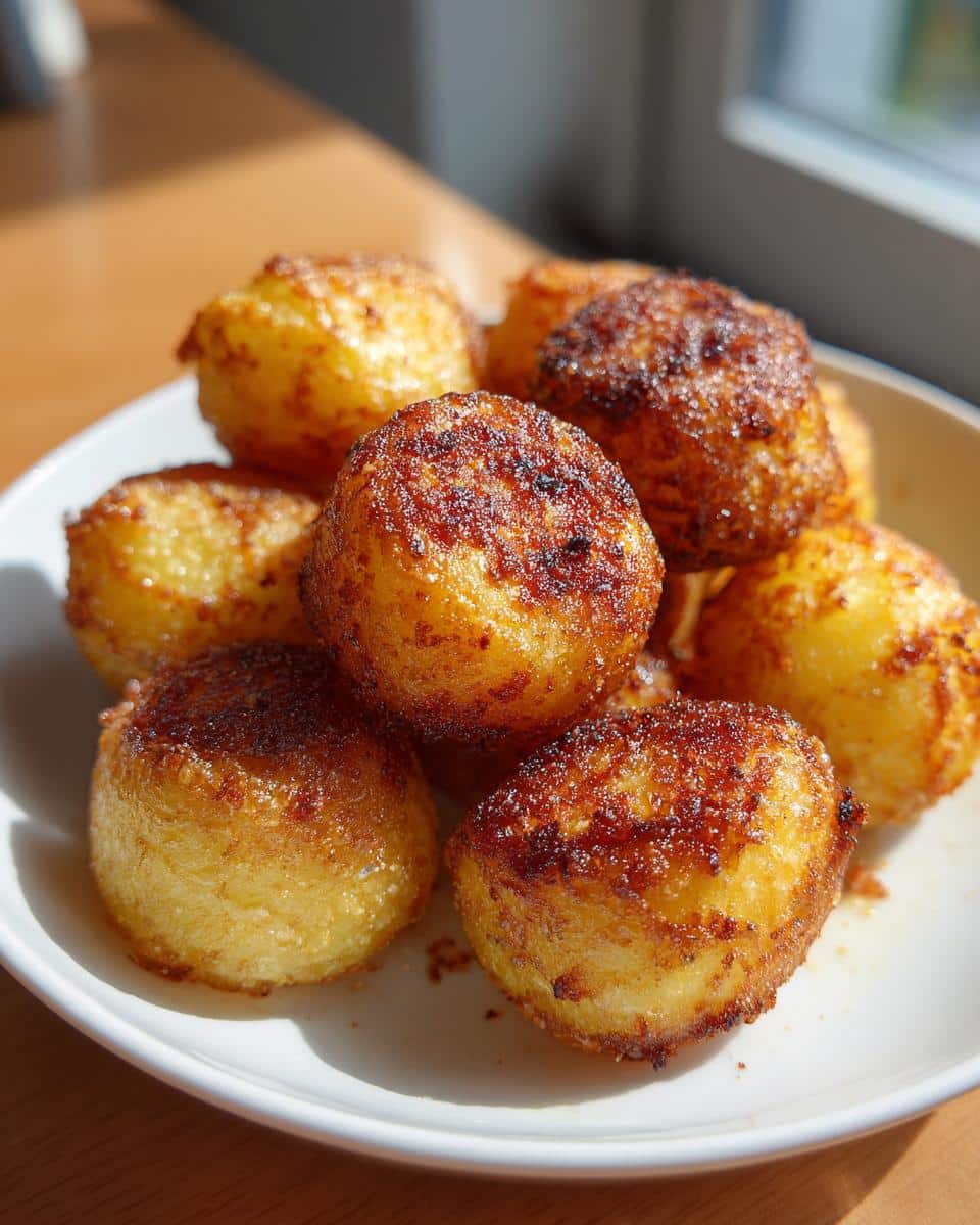 A plate of golden crispy oven roasted potatoes corn starch, perfectly browned and ready to eat.