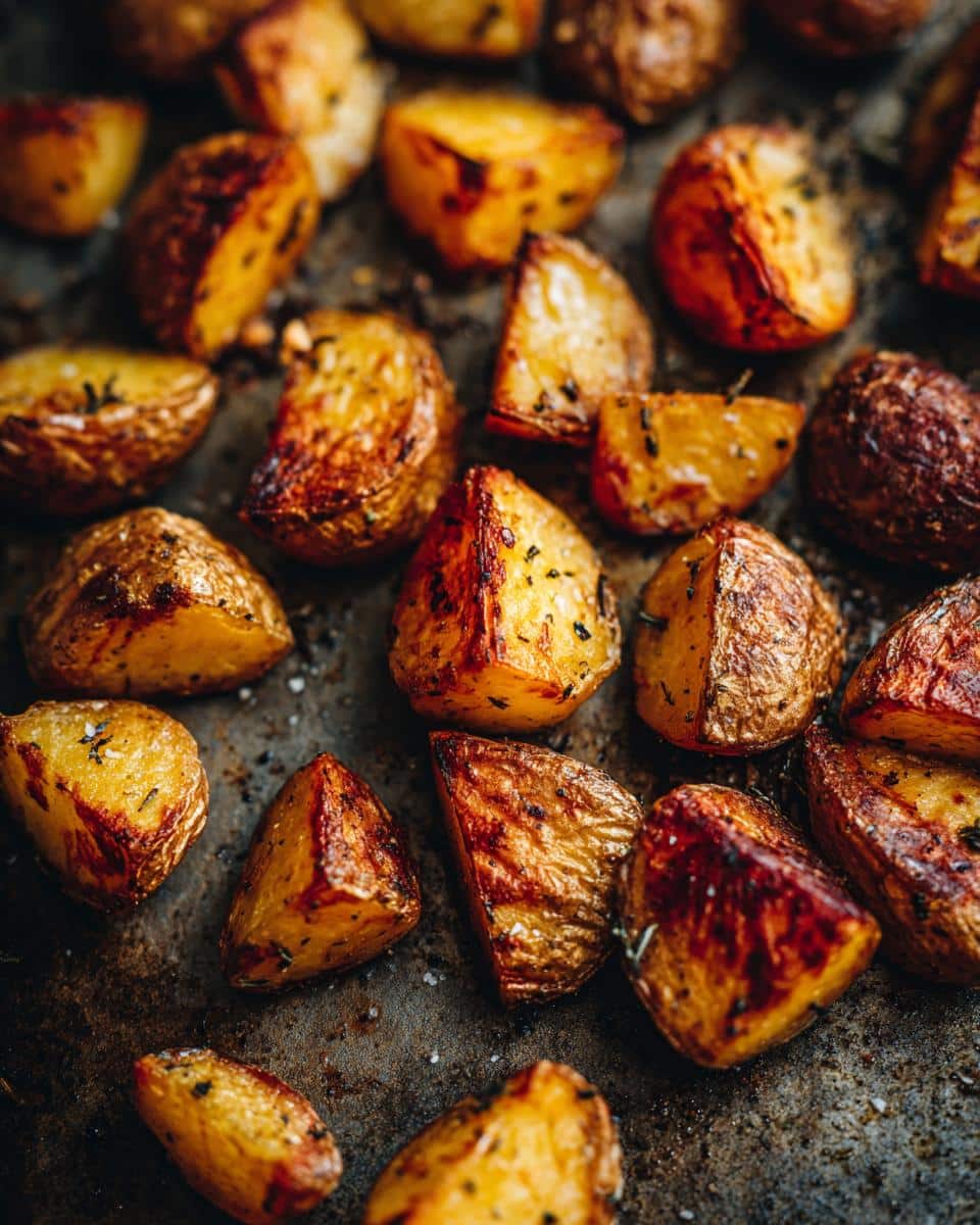 Close-up of crispy roasted potatoes in oven baked, seasoned with herbs and salt on a baking sheet.
