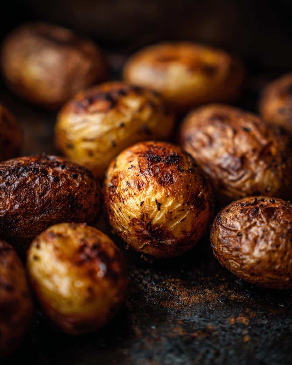 Close-up of crispy roasted potatoes in oven baked, showing golden-brown skins and rustic texture.