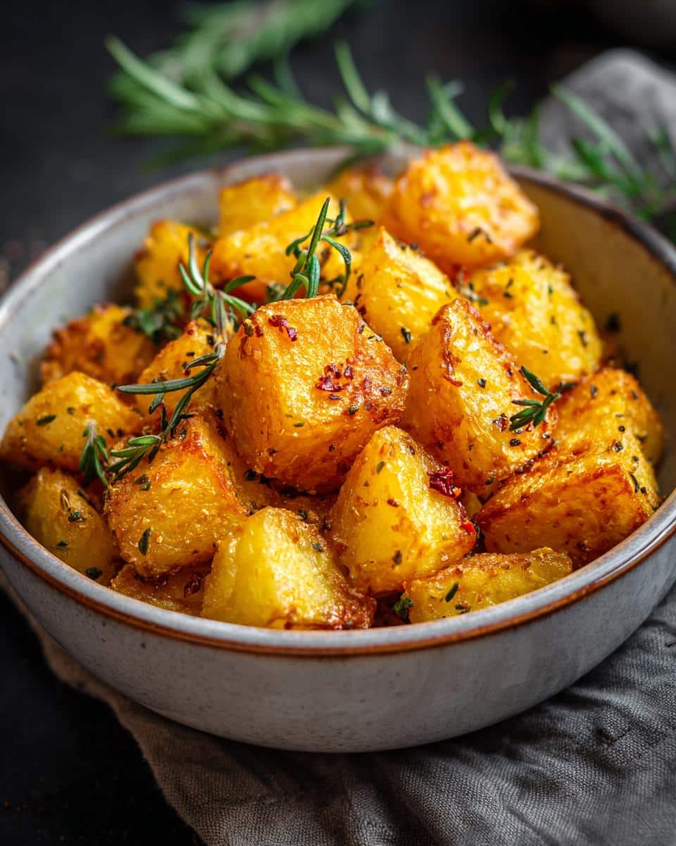Close-up of a bowl full of crispy roasted potatoes in oven baked, garnished with fresh rosemary.