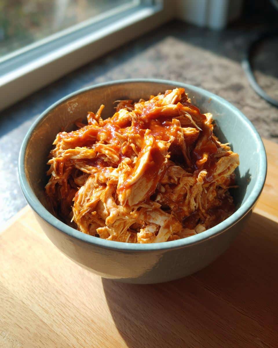 A bowl of shredded chicken covered in a red sauce, part of these crockpot chicken recipes.