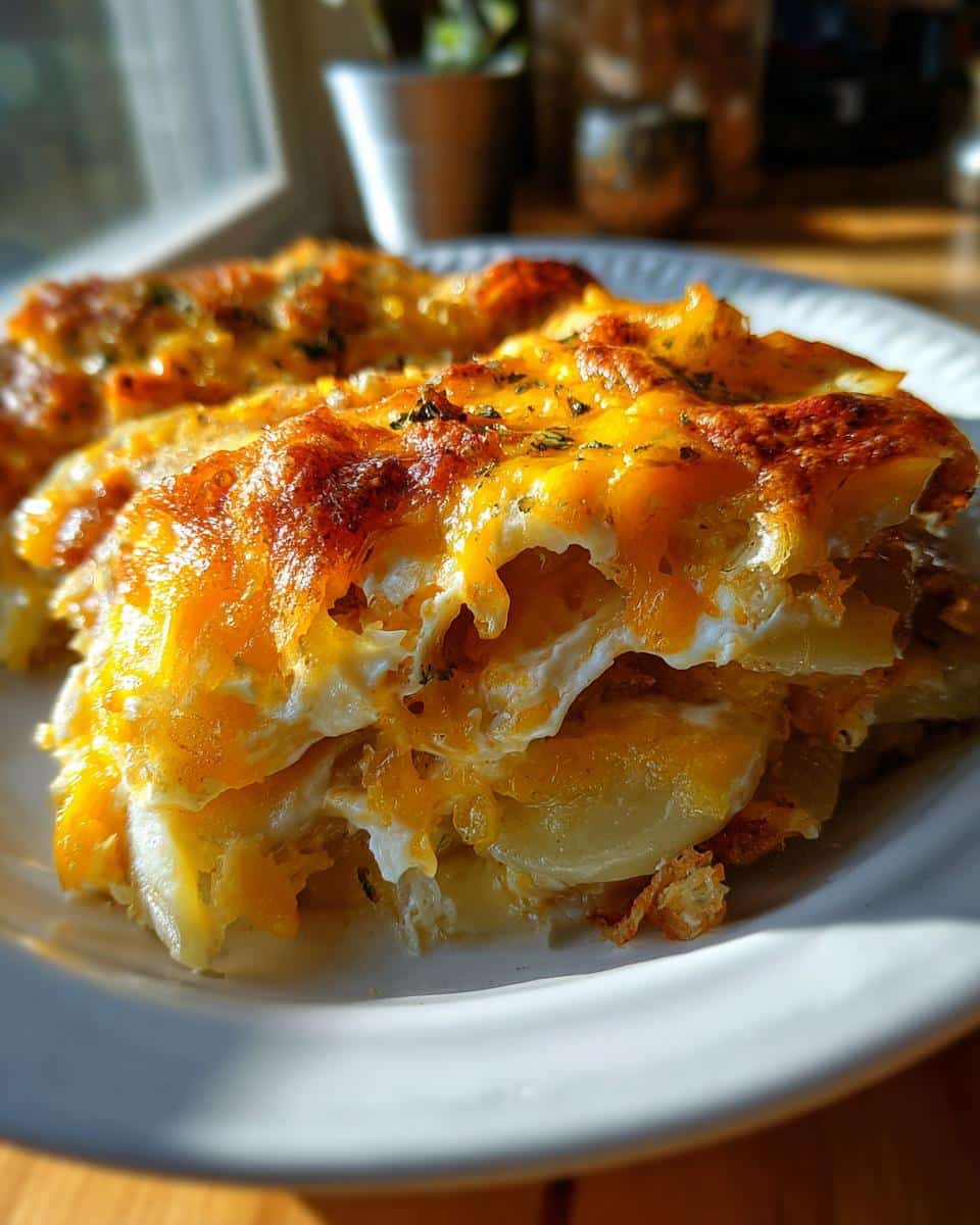 Close-up of crockpot creamy scalloped potatoes on a white plate, showcasing layers of potatoes and cheesy topping.