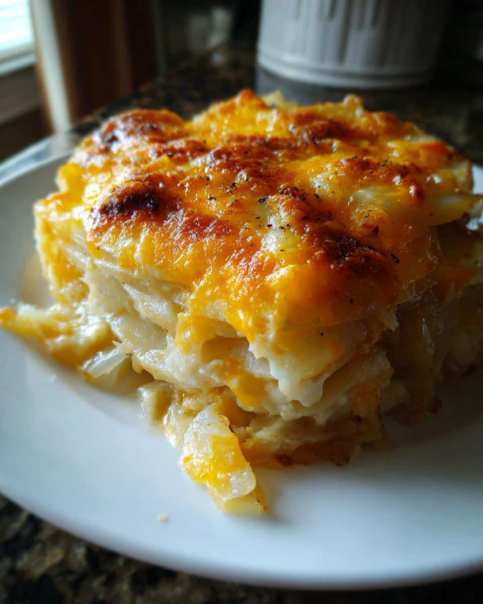 A slice of crockpot creamy scalloped potatoes with melted cheese on a white plate.