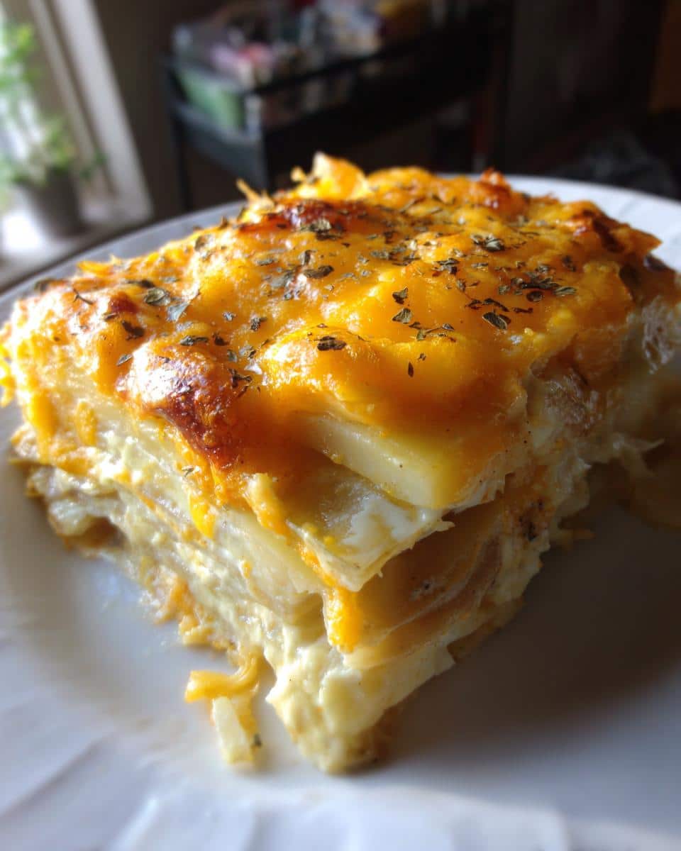 A slice of crockpot creamy scalloped potatoes with a golden, cheesy crust and herb garnish.
