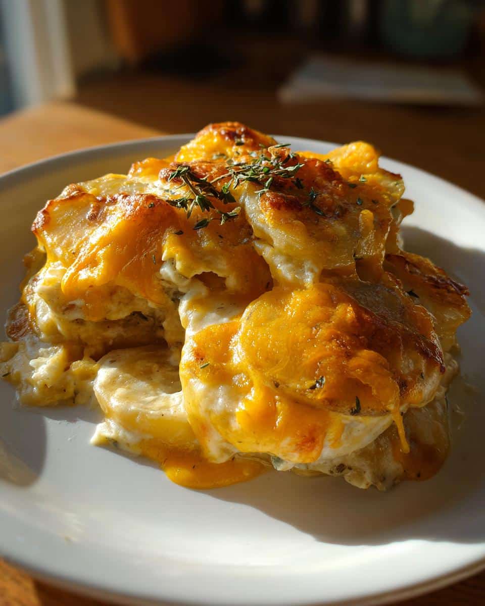 A serving of crockpot creamy scalloped potatoes, topped with cheese and thyme, on a white plate.