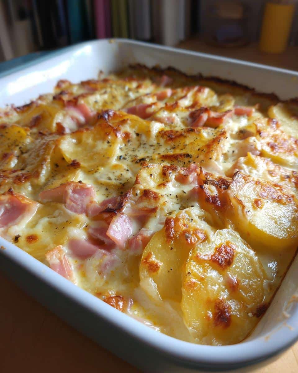 Close up of crockpot ham and scalloped potatoes in a baking dish, ready to serve.