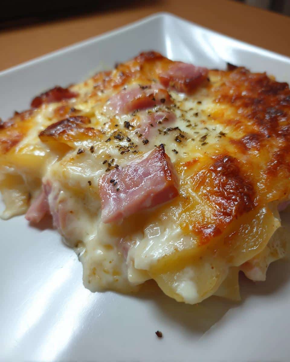 A slice of crockpot ham and scalloped potatoes with a creamy, cheesy sauce and ham pieces.