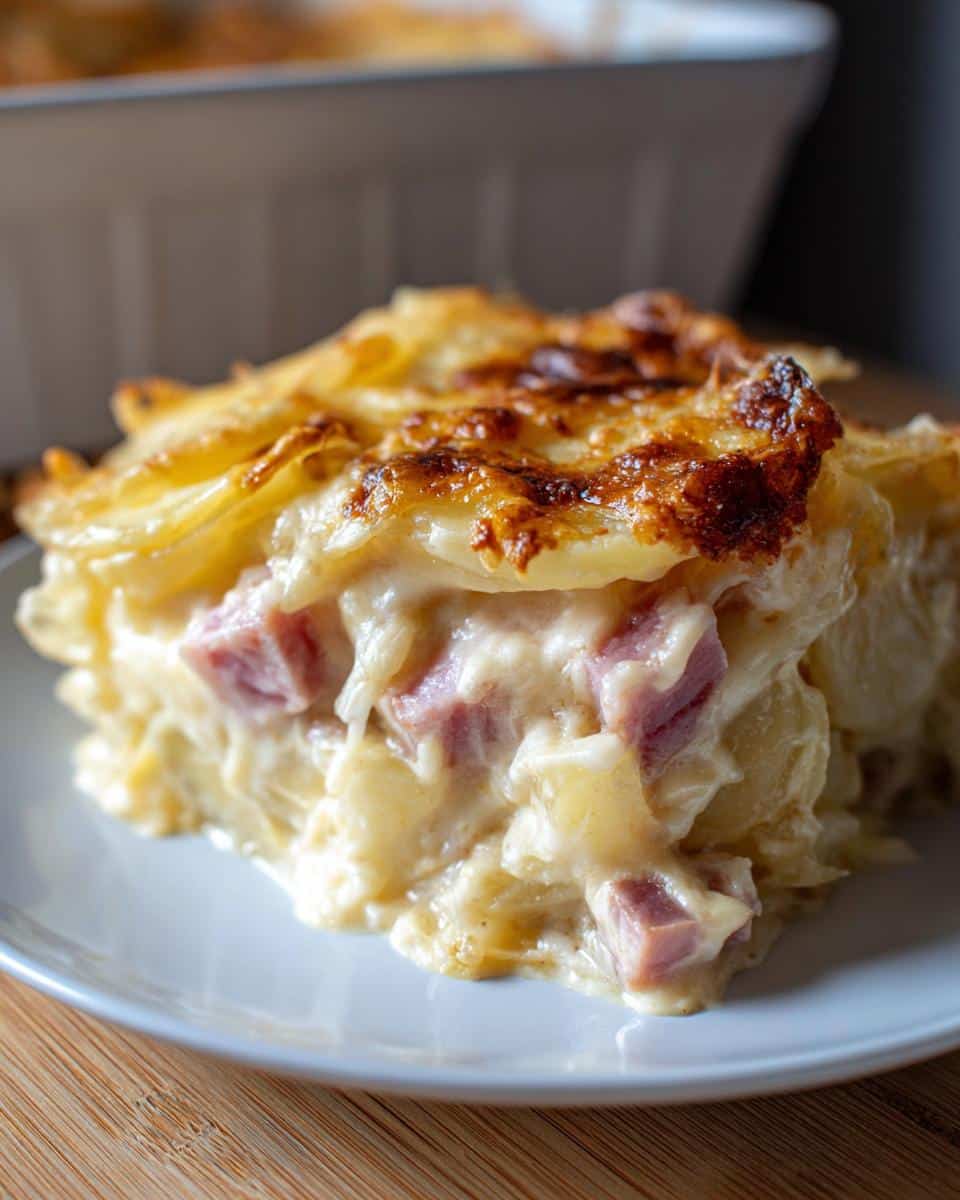 A slice of creamy crockpot ham and scalloped potatoes on a white plate, showing layers of potatoes and ham.