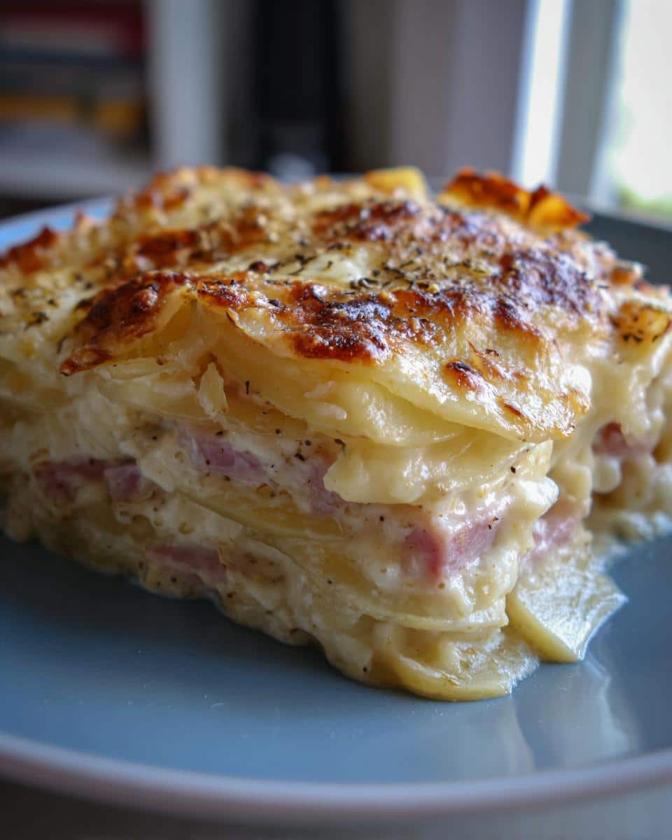 A close-up of a slice of crockpot ham and scalloped potatoes, showcasing layers of ham and creamy potatoes.