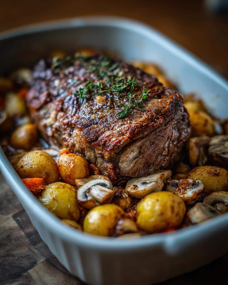 Delicious crockpot roast beef with mushroom soup, potatoes and mushrooms in a baking dish, garnished with herbs.