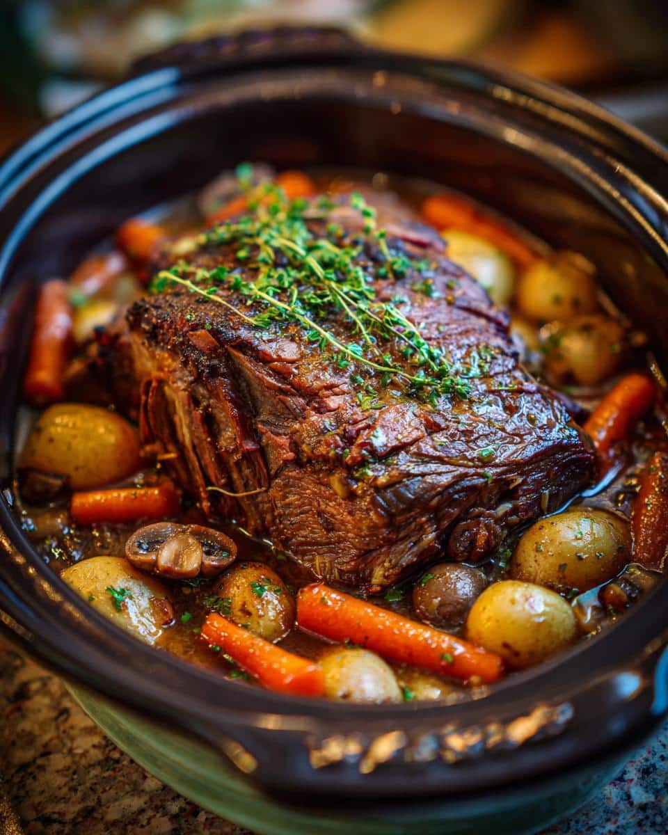 A delicious crockpot roast beef with mushroom soup, carrots, potatoes, and thyme in a slow cooker.