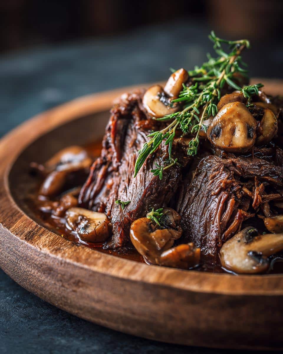 Juicy crockpot roast beef with mushroom soup, garnished with fresh thyme on a wooden plate.