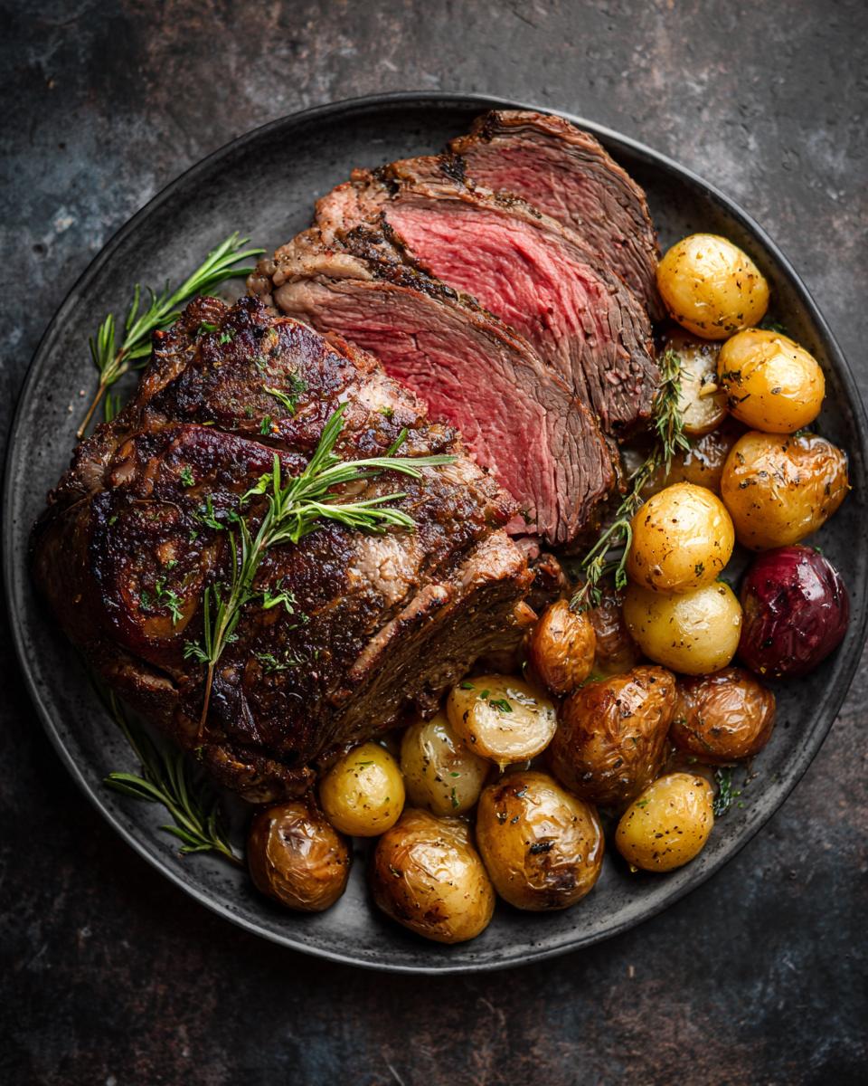 Delicious crockpot roast beef with mushroom soup served with roasted potatoes and garnished with rosemary.