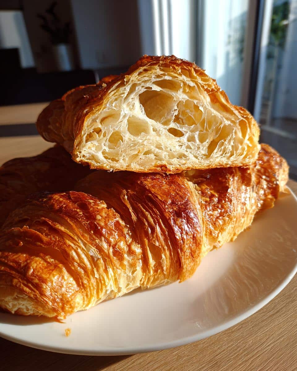 Close-up of croissant recipes showing flaky layers and airy interior. Golden brown and delicious.